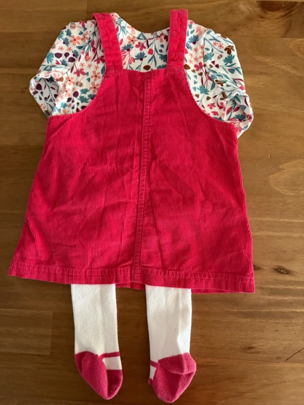 Carter's Bright Pink Corduroy Overall Dress with Floral Tee and White Tights